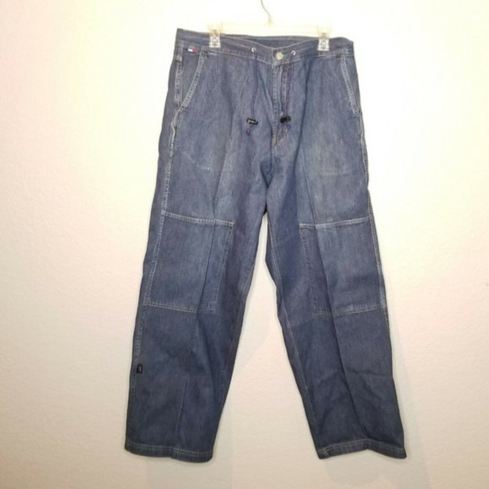 Vtg Tommy Hilfiger Logo Drawstring Denim Cargo Pants Baggy Loose W34 I32 Rare